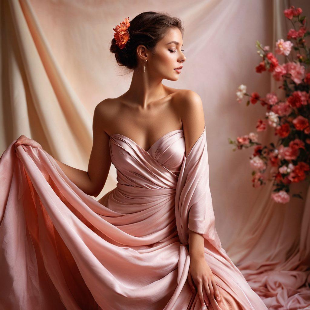 A tastefully shot adult photography scene, capturing the essence of sensuality with soft lighting and alluring shadows. The composition should feature an elegant model posing gracefully with flowing fabrics that reveal and conceal, surrounded by artistic elements like flowers and abstract shapes. Incorporate warm, inviting colors to evoke a sense of intimacy and tease. The background should be softly blurred to emphasize the subject. super-realistic. vibrant colors. soft focus.